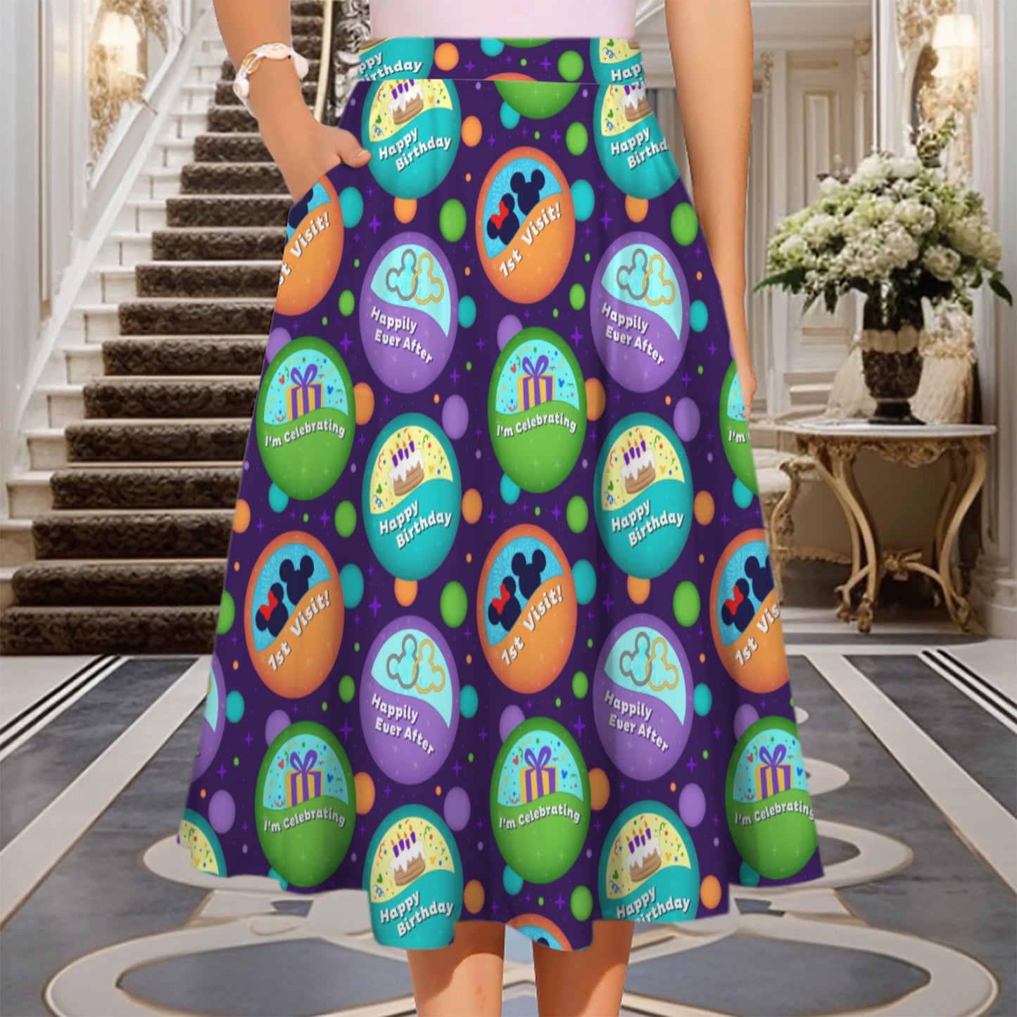 Button Collector Elastic Waist Midi Skirt With Pockets