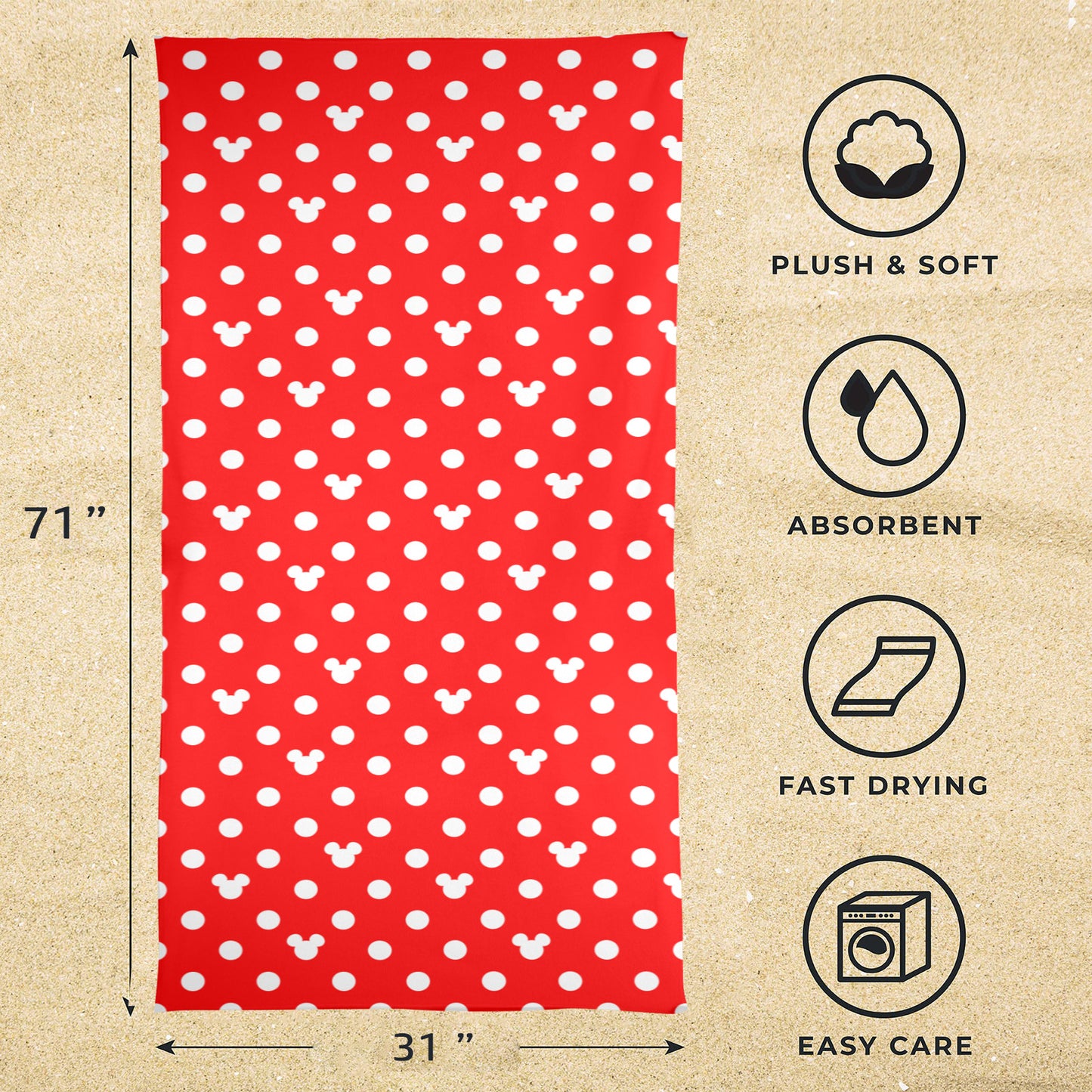 Red With White Mickey Poalk Dots Beach Towel