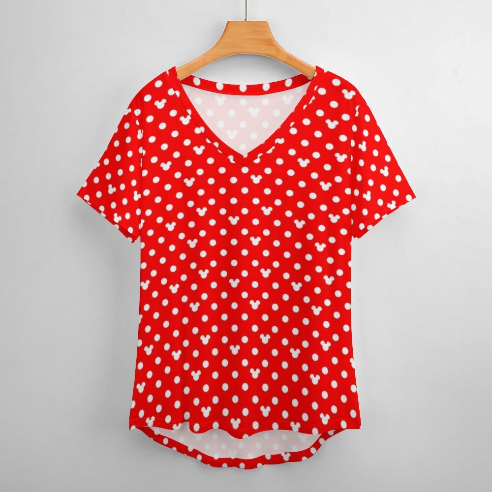 Red With White Mickey Polka Dots Women's V-Neck T-Shirt