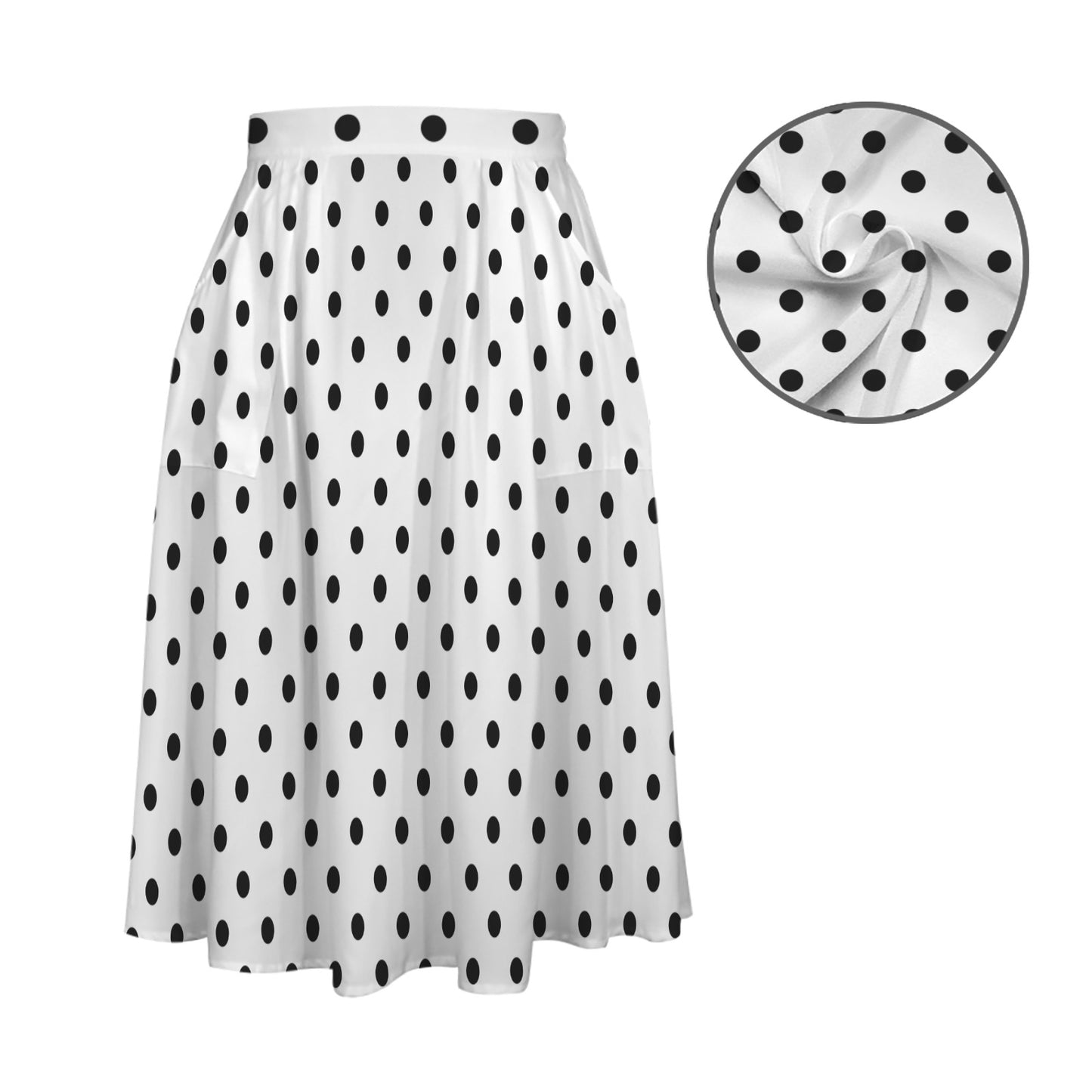 White With Black Polka Dots Elastic Waist Midi Skirt With Pockets