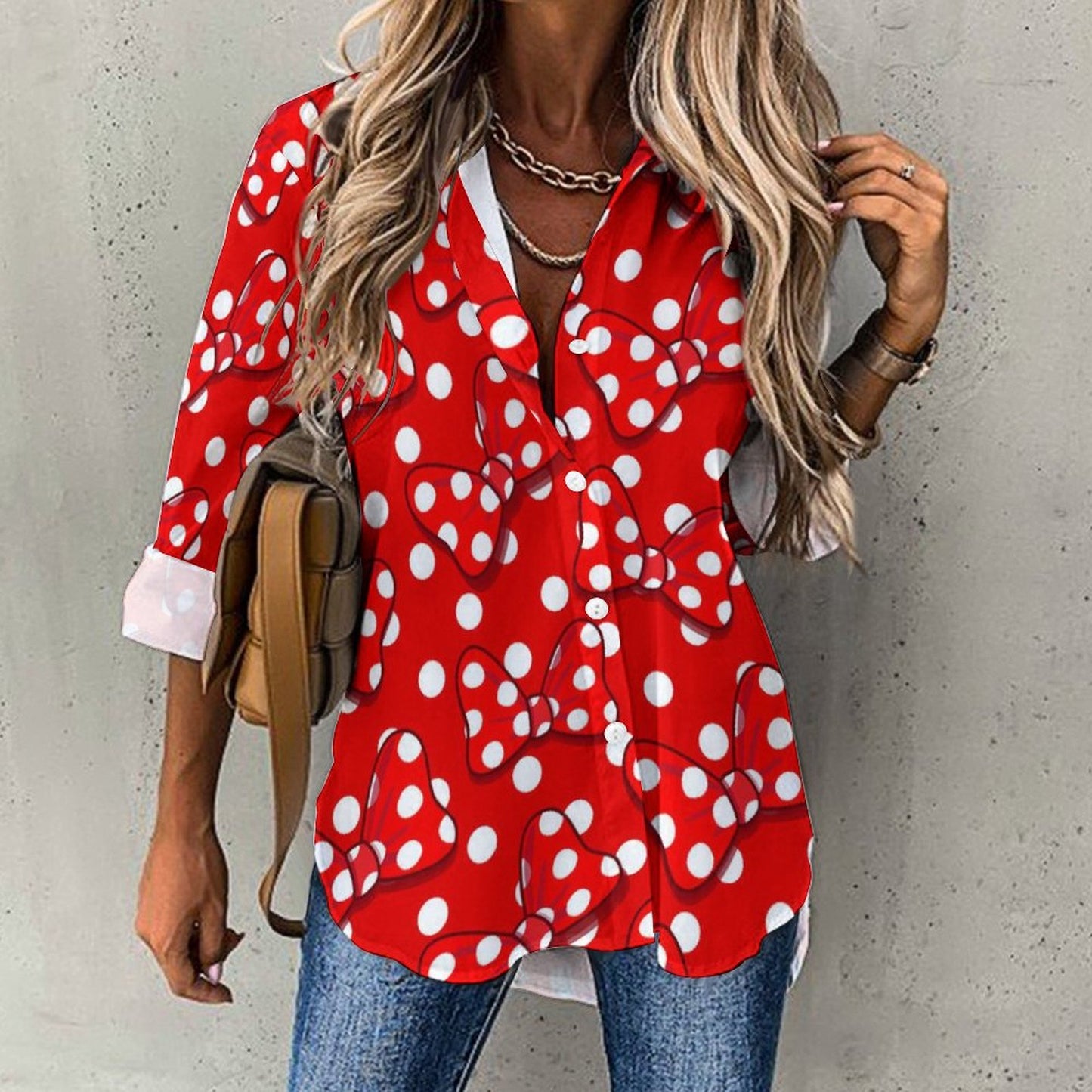 Red With White Polka Dot And Bows Long Sleeve Button Up Blouse