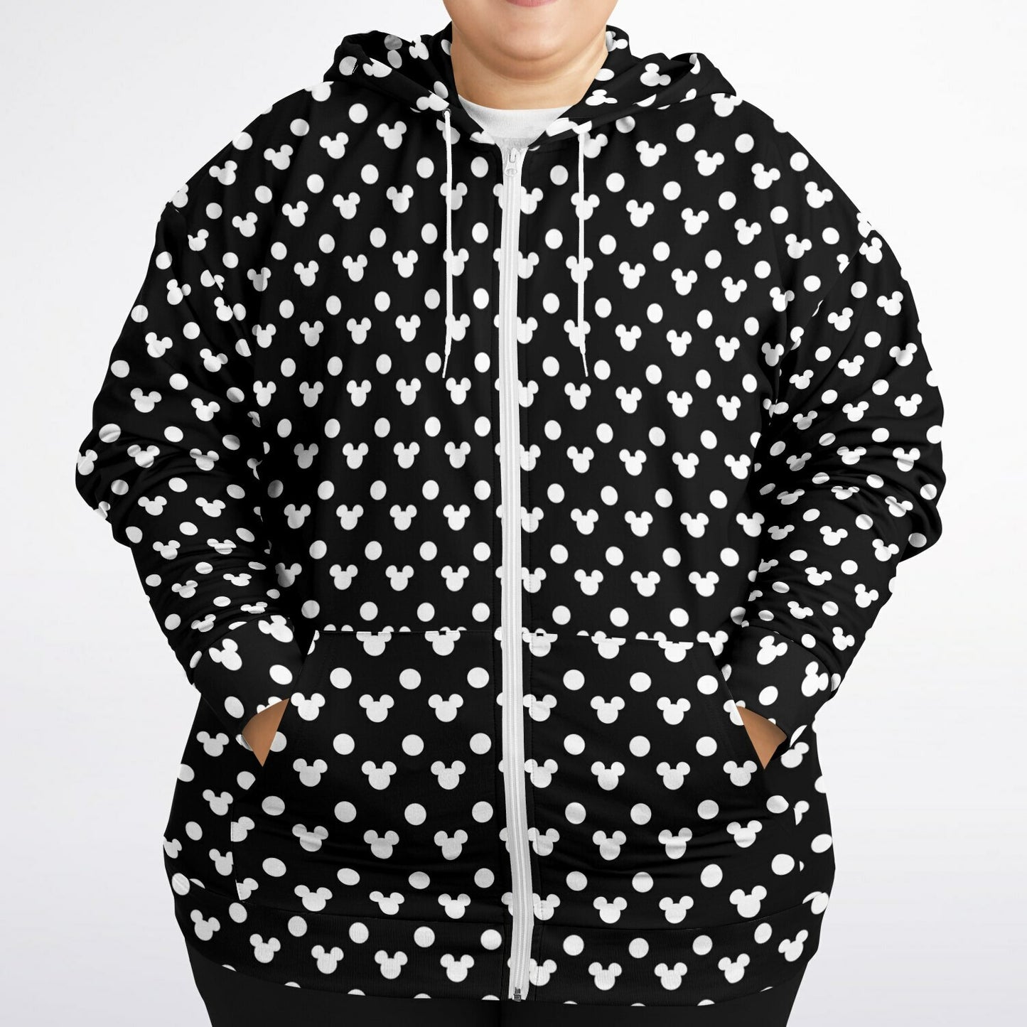 Black With White Mickey Polka Dots Plus-size Unisex Zip Hoodie