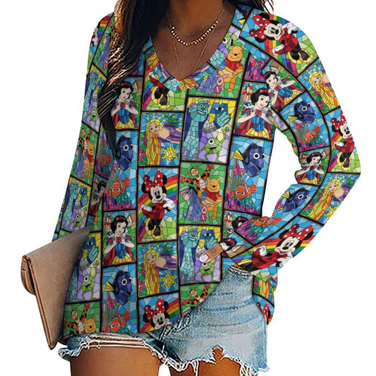 Stained Glass Characters Long Sleeve Loose V-Neck Tee