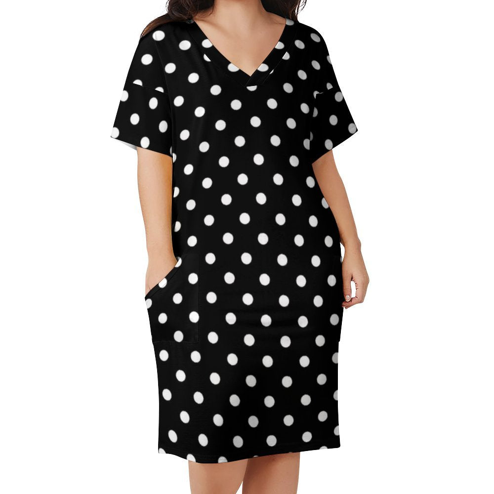 Black With White Polka Dots Women's V-neck Loose Dress With Pockets