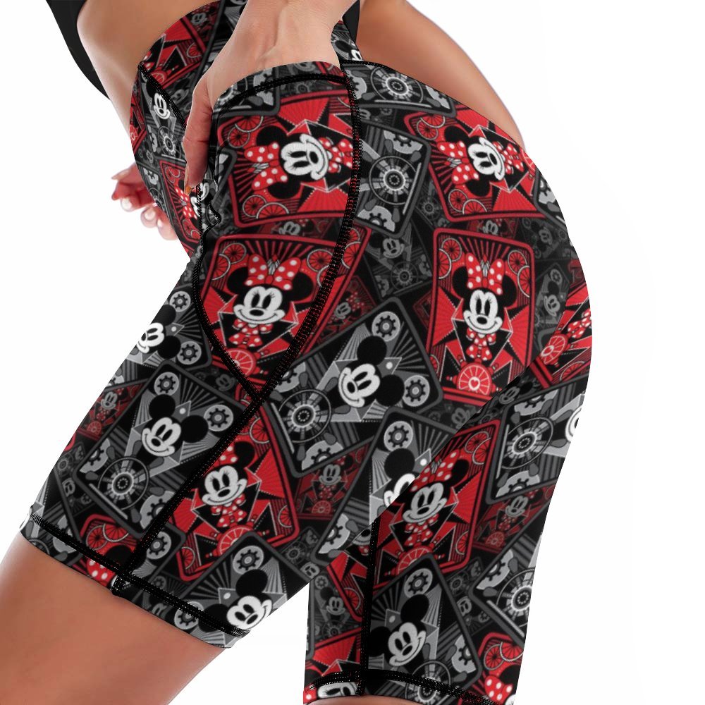 Steamboat Mickey And Minnie Cards Women's Knee Length Athletic Yoga Shorts With Pockets