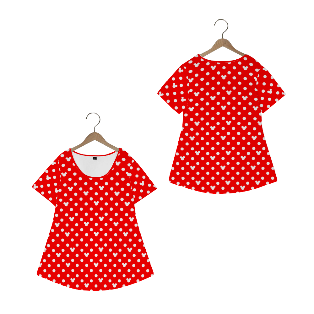 Red With White Mickey Polka Dots Women's Crew Neck Loose Tunic