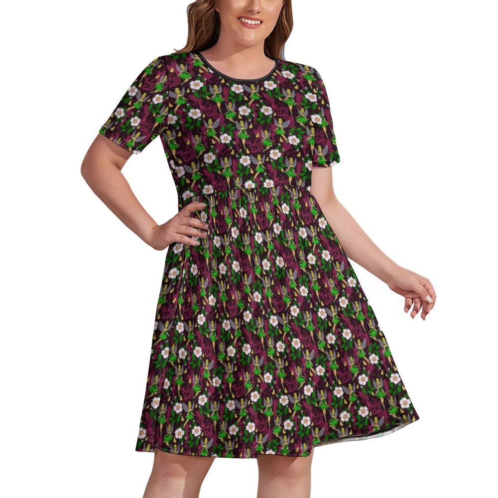 Tinker Bell Women's Round Neck Plus Size Dress With Pockets