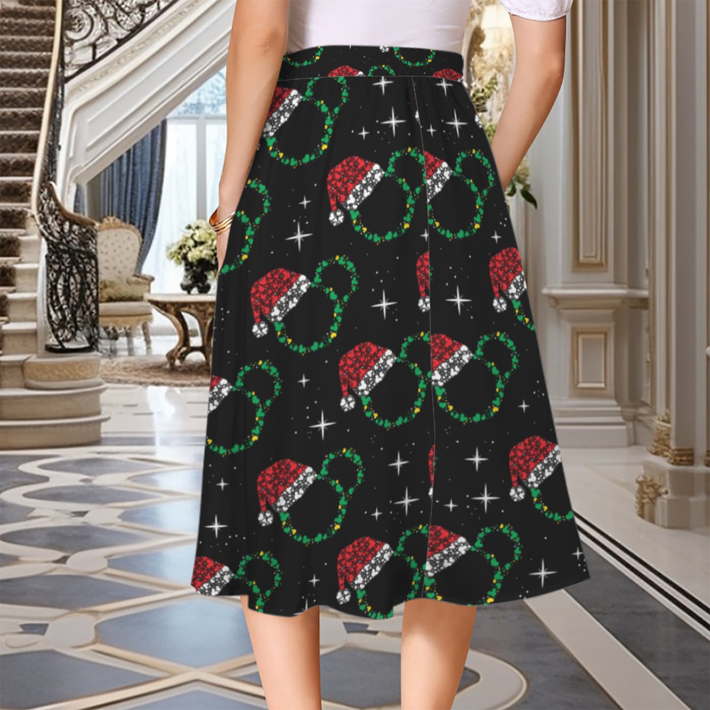 Christmas Elastic Waist Midi Skirt With Pockets