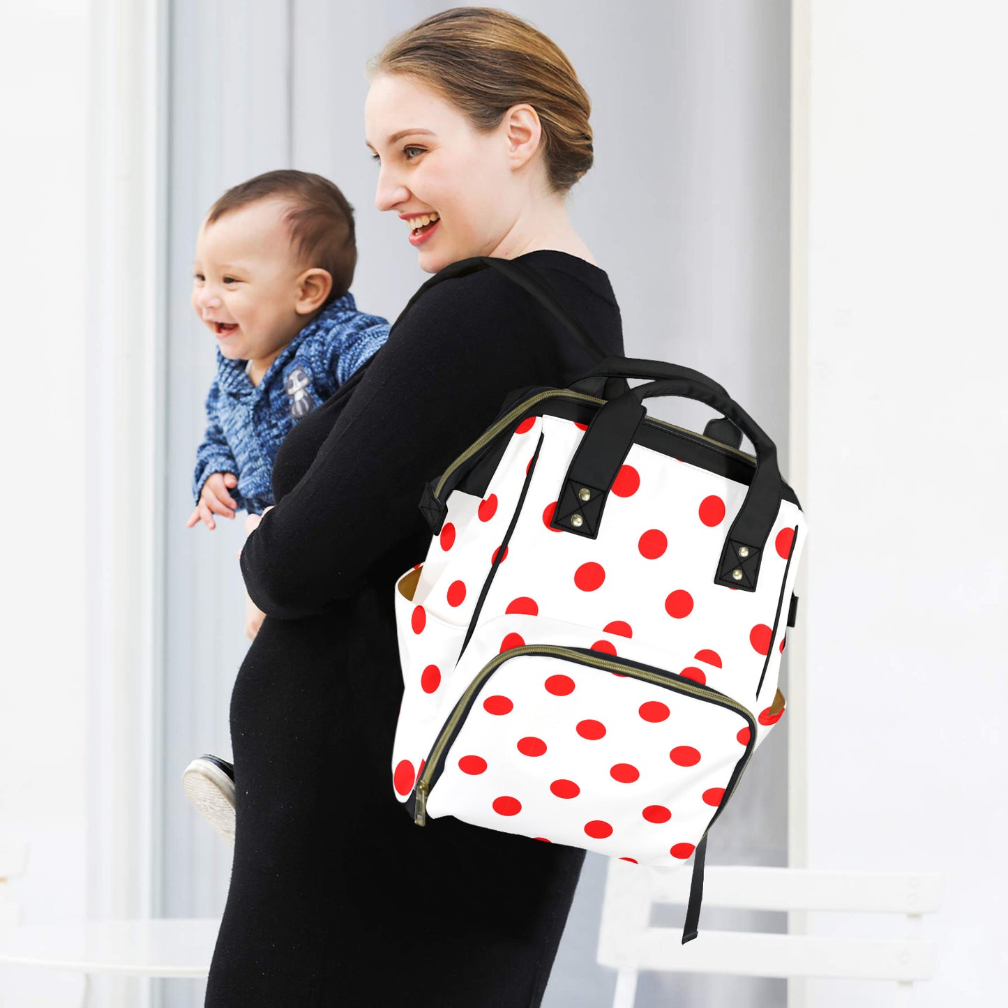 White With Red Polka Dots Multi-Function Diaper Bag