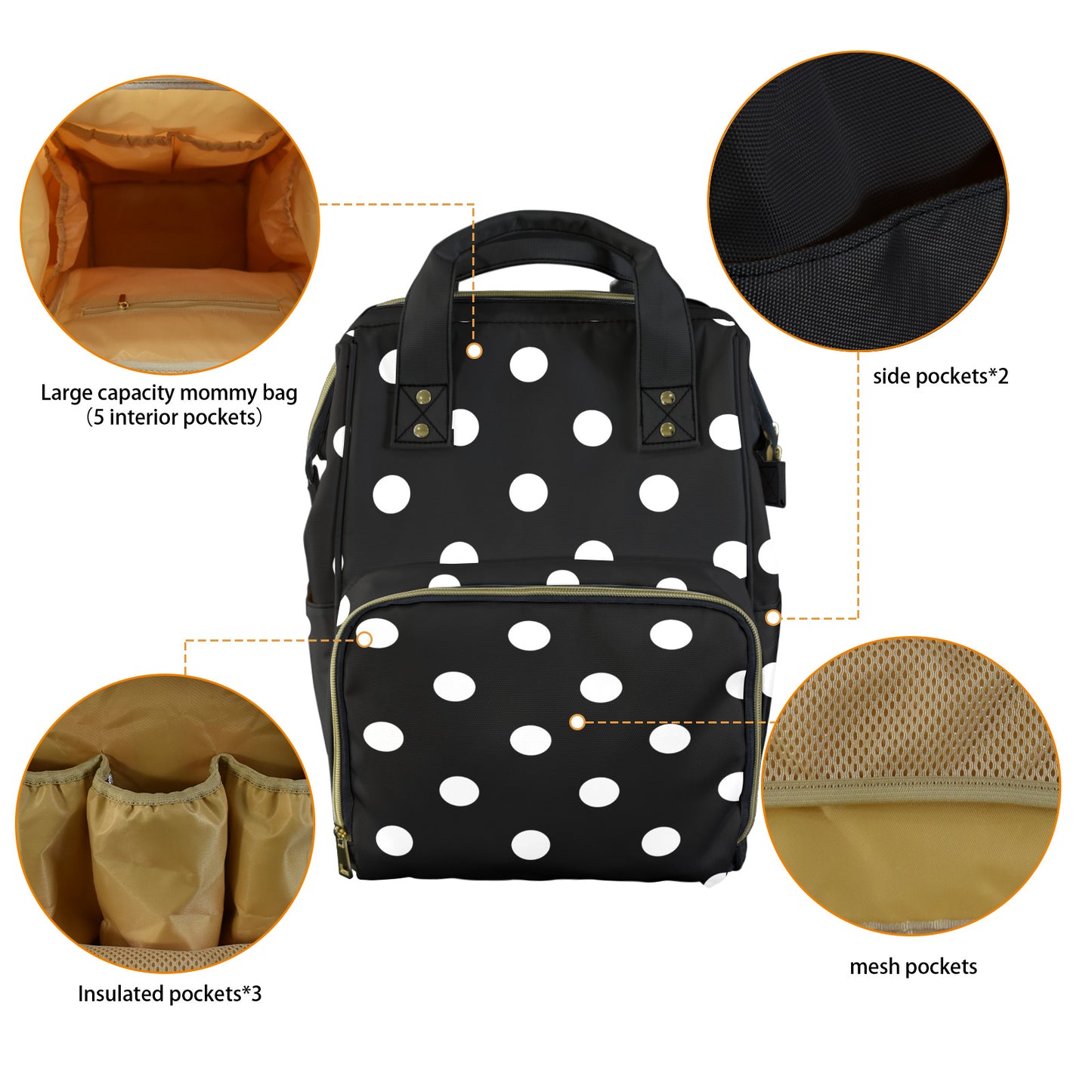 Black With White Polka Dots Multi-Function Diaper Bag