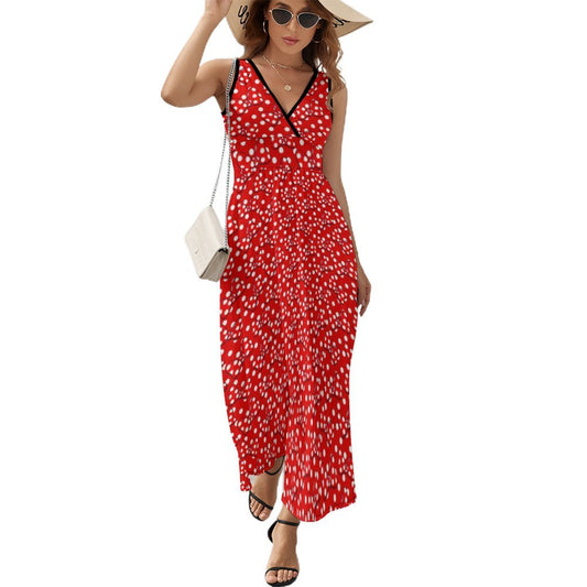 Red With White Polka Dot And Bows Women's Long Sleeveless Dress