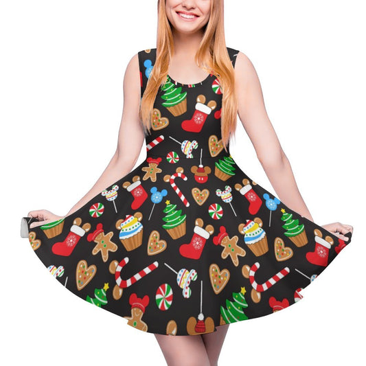 ladies christmas skater dress Long Sleeve Santa Skater Dress Holiday Snowflake Wonderland Women's Sleeveless Skater Dress