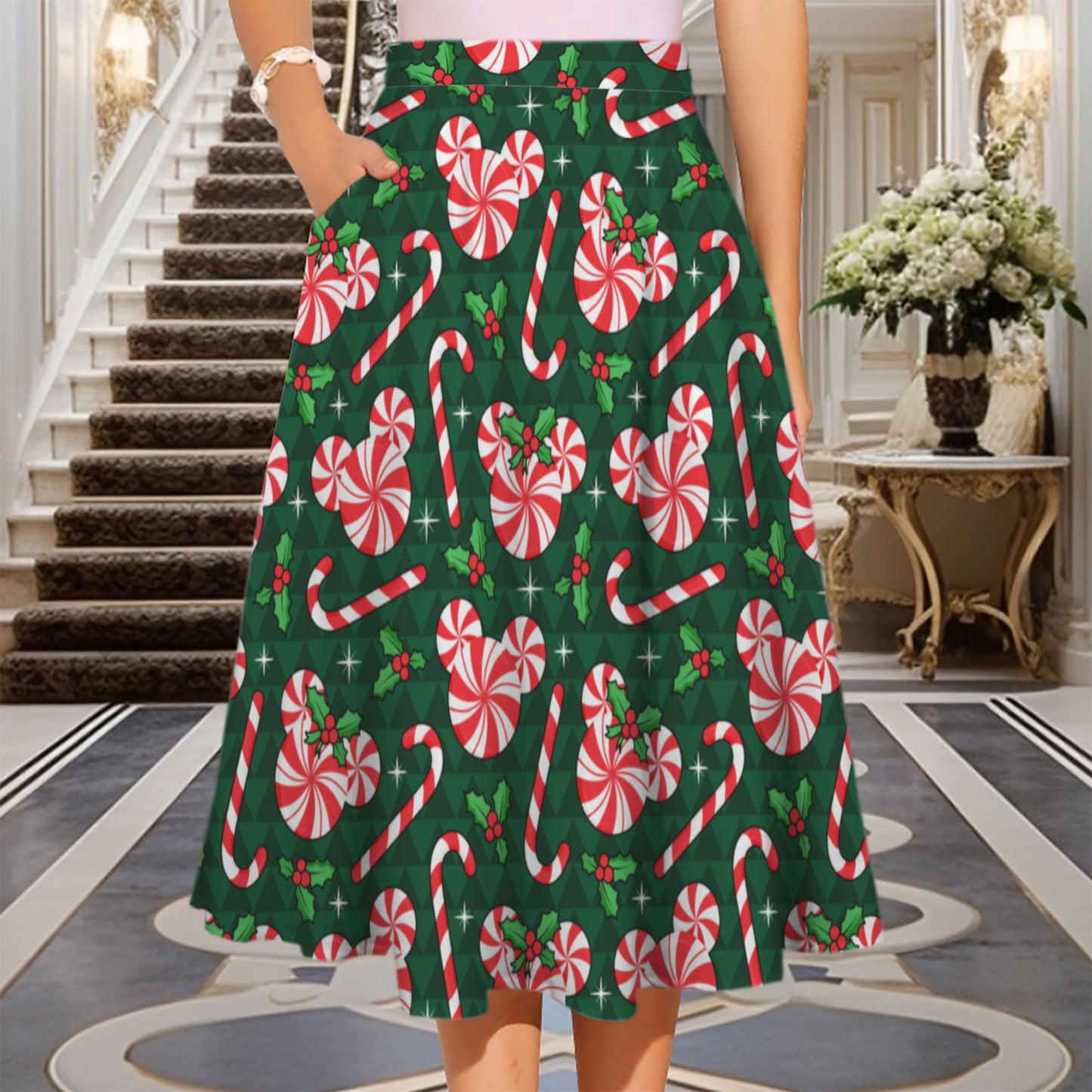 Christmas Peppermint Elastic Waist Midi Skirt With Pockets