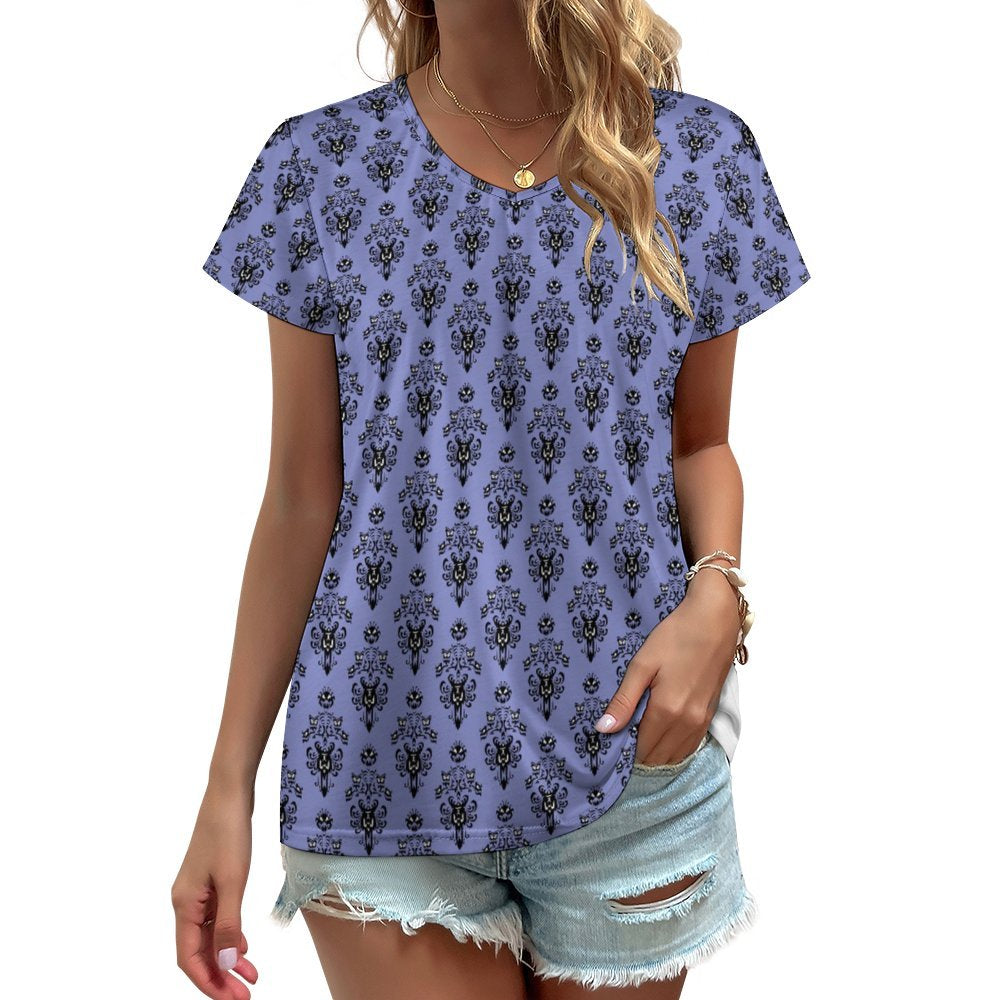 Haunted Mansion Wallpaper Women's V-Neck Short Sleeve T-Shirt