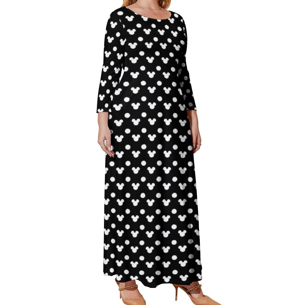 Black With White Mickey Polka Dots Plus Size Loose-Fit Long Sleeve Dress