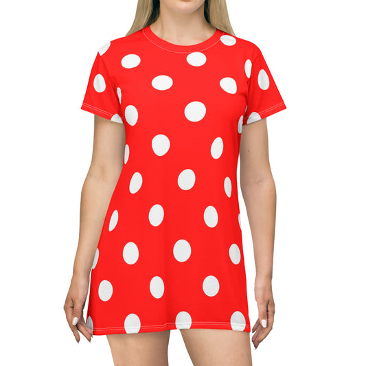 Red With White Polka Dots T-Shirt Dress