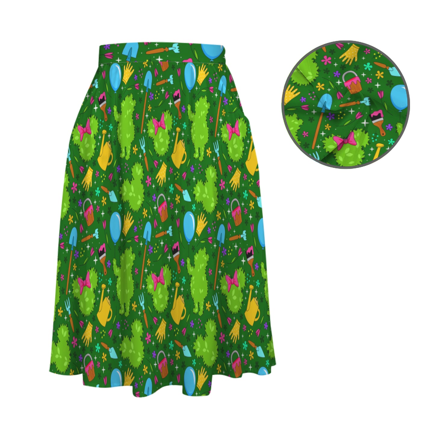 Flower And Garden Elastic Waist Midi Skirt With Pockets