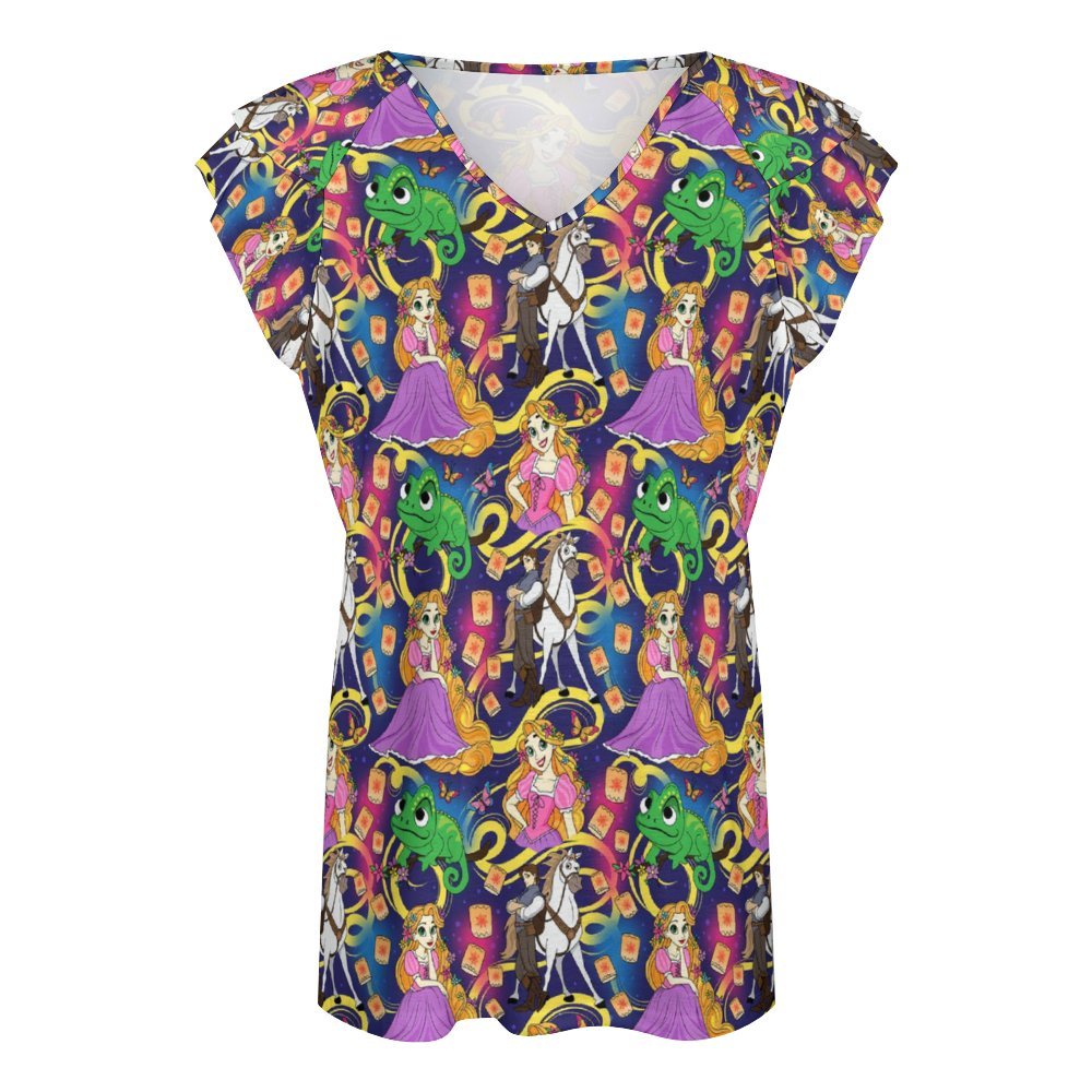 Disney Tangled Rapunzel At Last I See The Light Women's Ruffle Sleeve V-Neck T-Shirt - Ambrie
