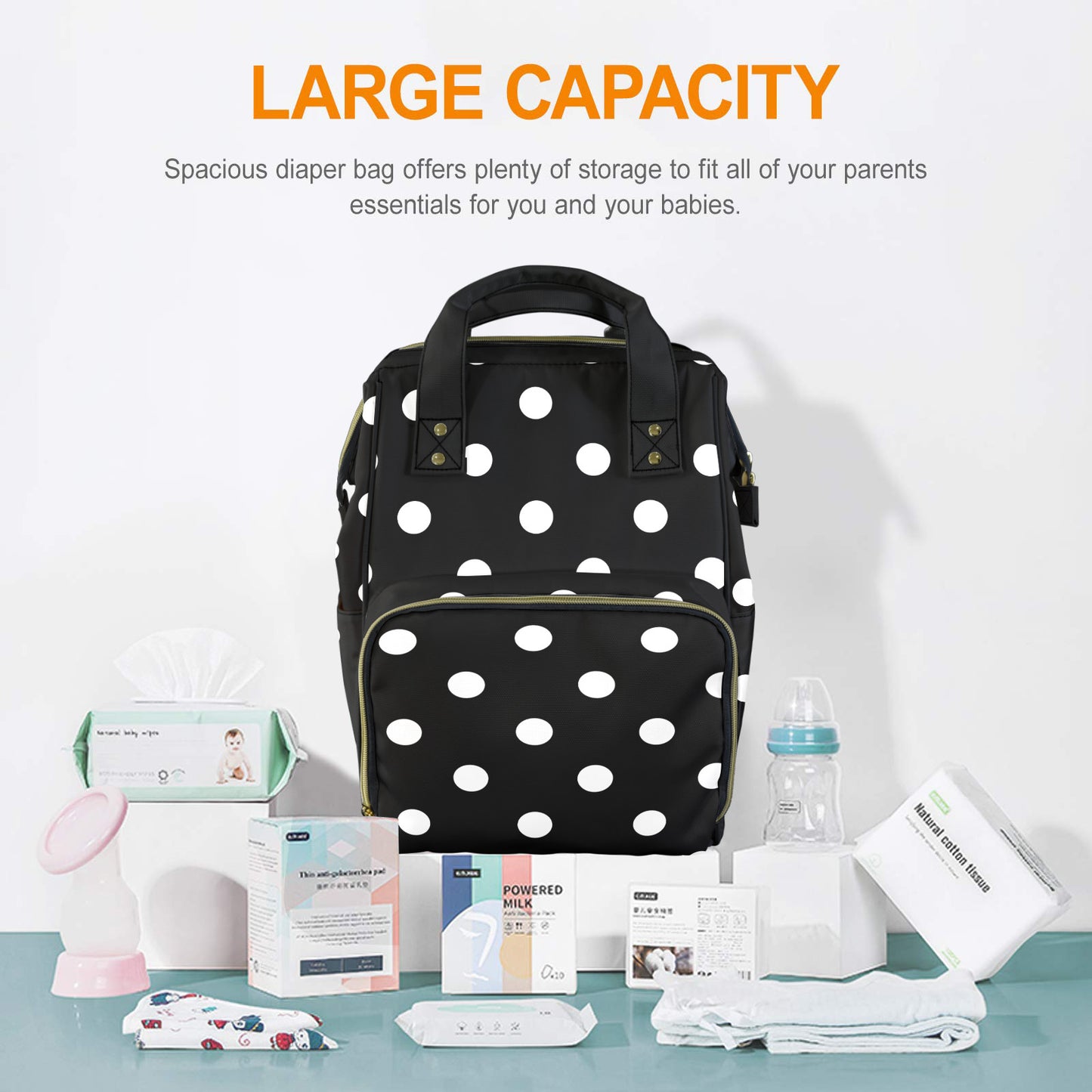 Black With White Polka Dots Multi-Function Diaper Bag