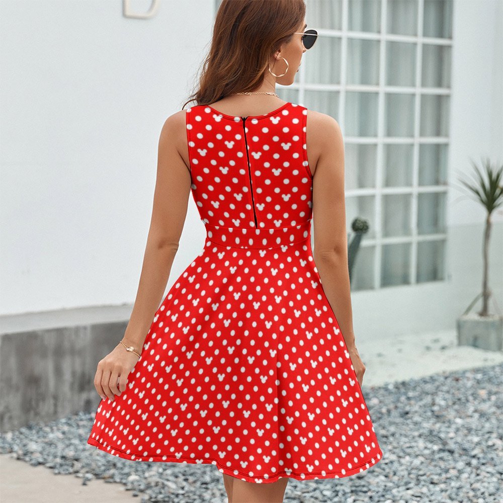 Red With White Mickey Polka Dots V-Neck Sleeveless Dress