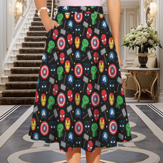 Super Heroes Elastic Waist Midi Skirt With Pockets