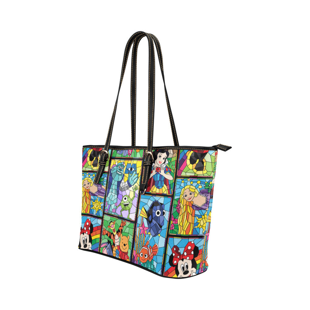 Stained Glass Characters Leather Tote Bag