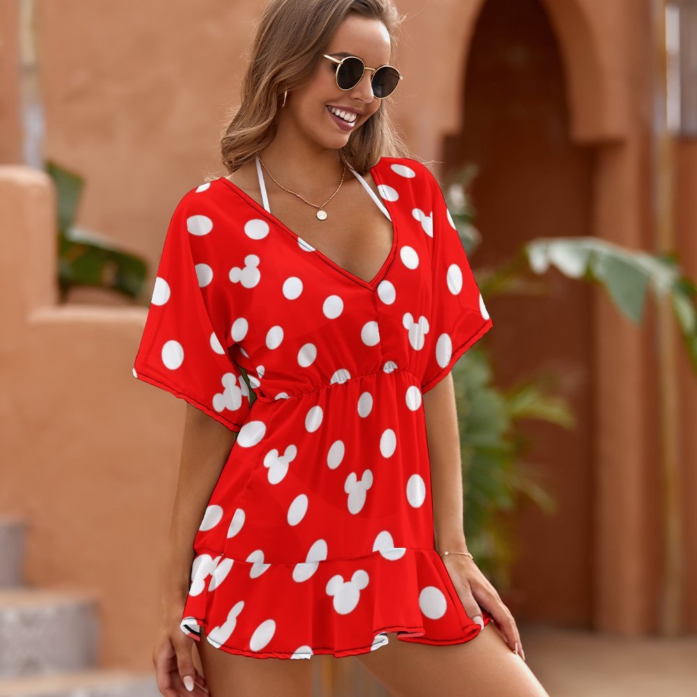 Red With White Mickey Polka Dots Women's Swimsuit Coverup