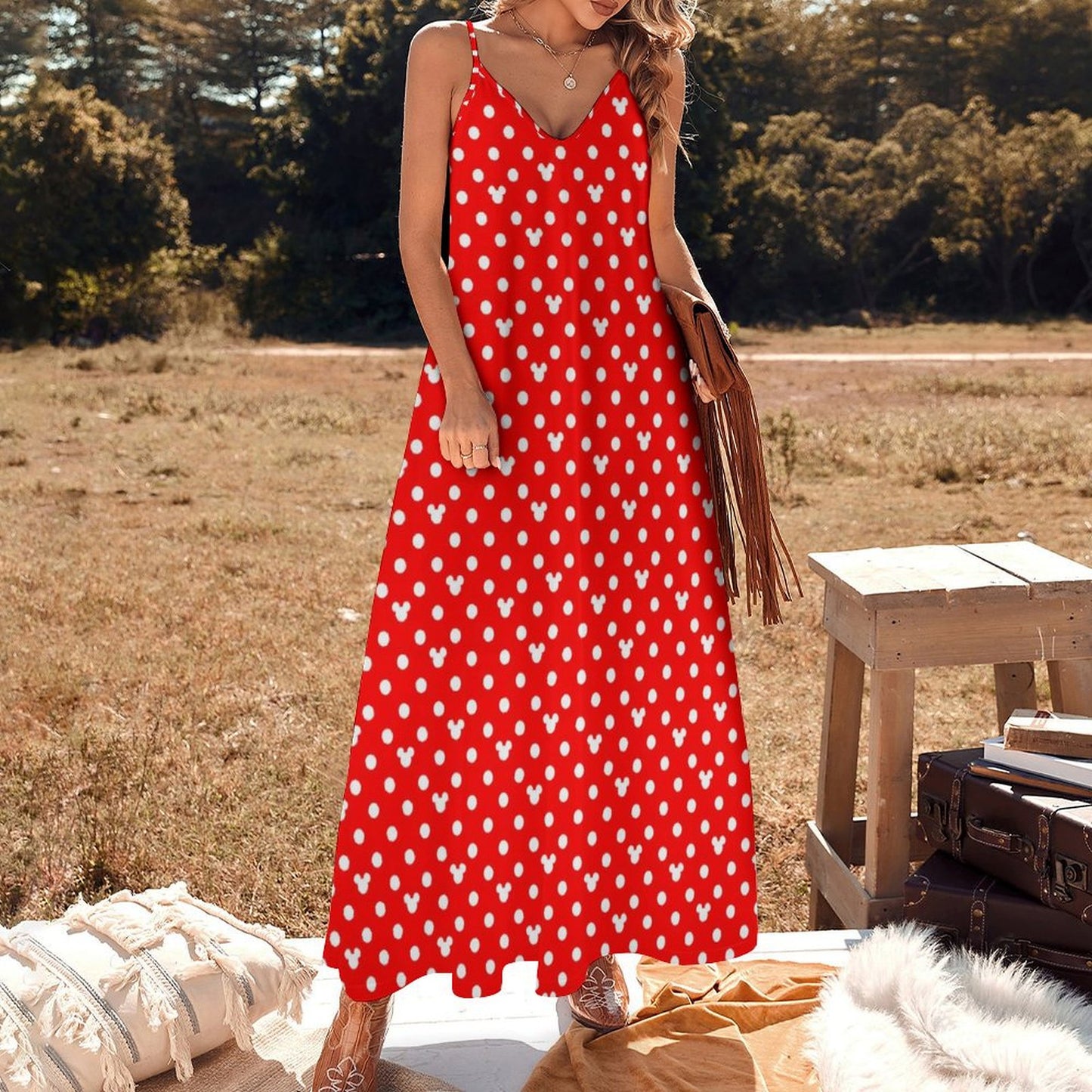 Red With White Mickey Polka Dots Women's Summer Slip Long Dress