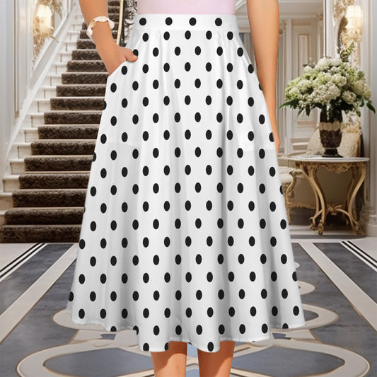White With Black Polka Dots Elastic Waist Midi Skirt With Pockets