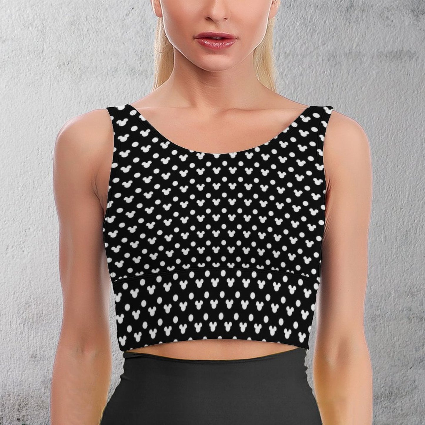 Black With White Mickey Polka Dots Women's Crop Tank Top - Ambrie