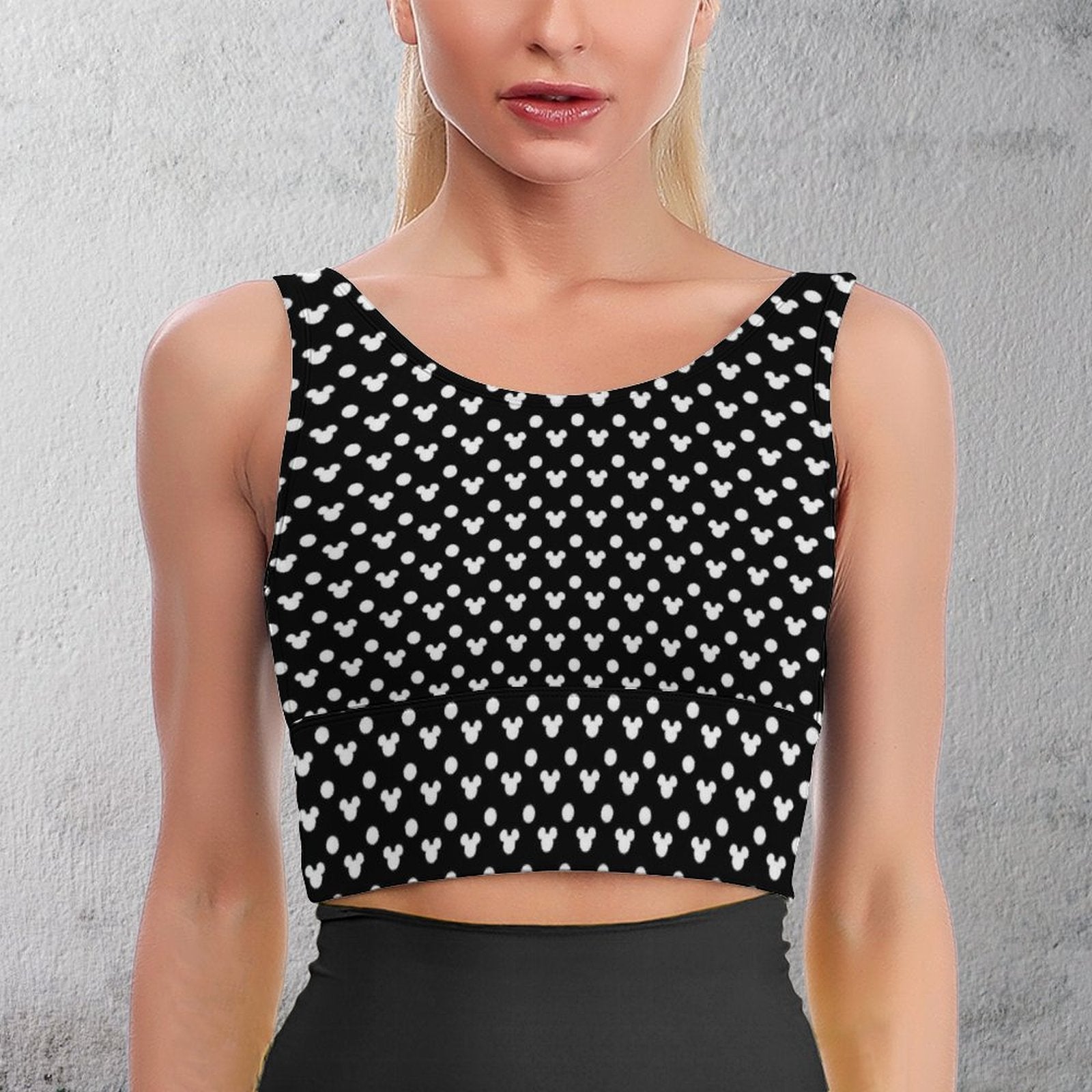 Black With White Mickey Polka Dots Women's Crop Tank Top - Ambrie