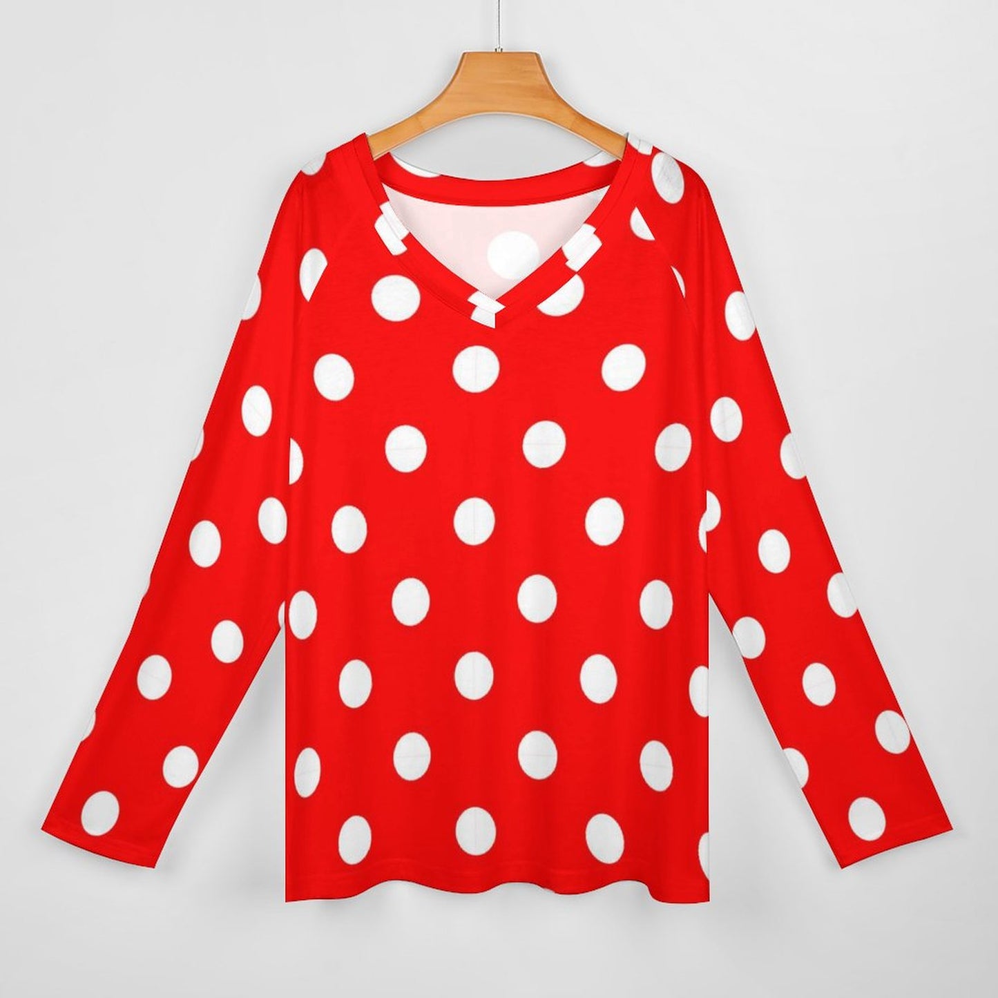 Red With White Polka Dots Long Sleeve Loose V-Neck Tee