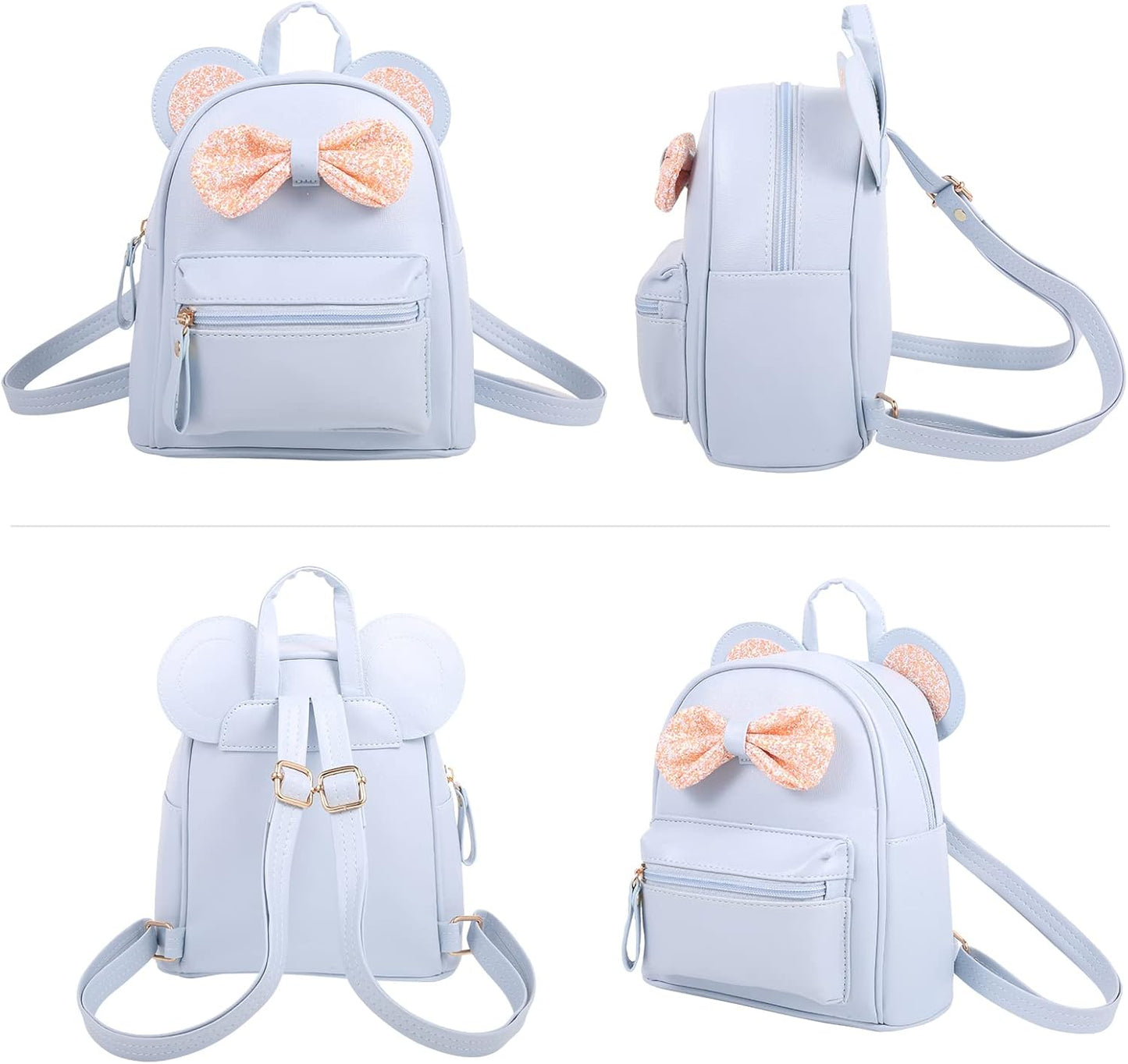 Blaue Mini Leather Backpack Sequin bow Mouse Ears