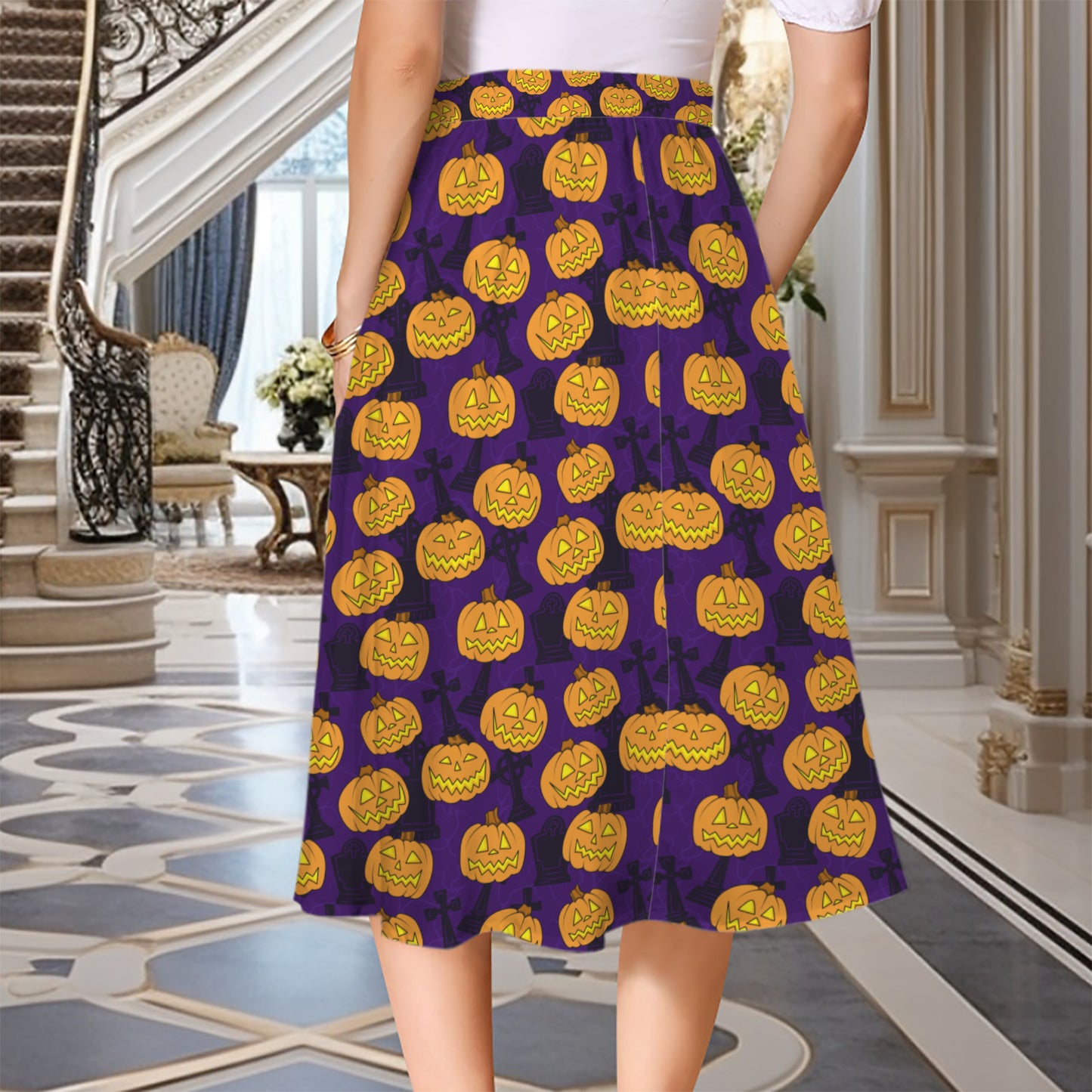 Scary Pumpkins Elastic Waist Midi Skirt With Pockets