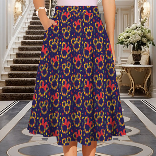 Fall Leaves Elastic Waist Midi Skirt With Pockets