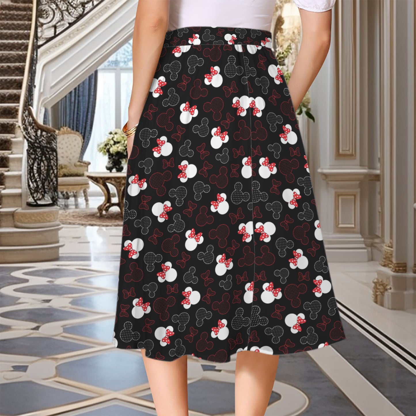 Mickey And Minnie Dots Elastic Waist Midi Skirt With Pockets