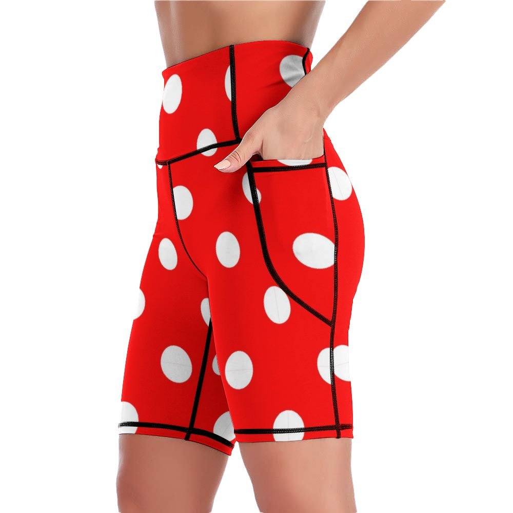 Red With White Polka Dots Women's Knee Length Athletic Yoga Shorts With Pockets