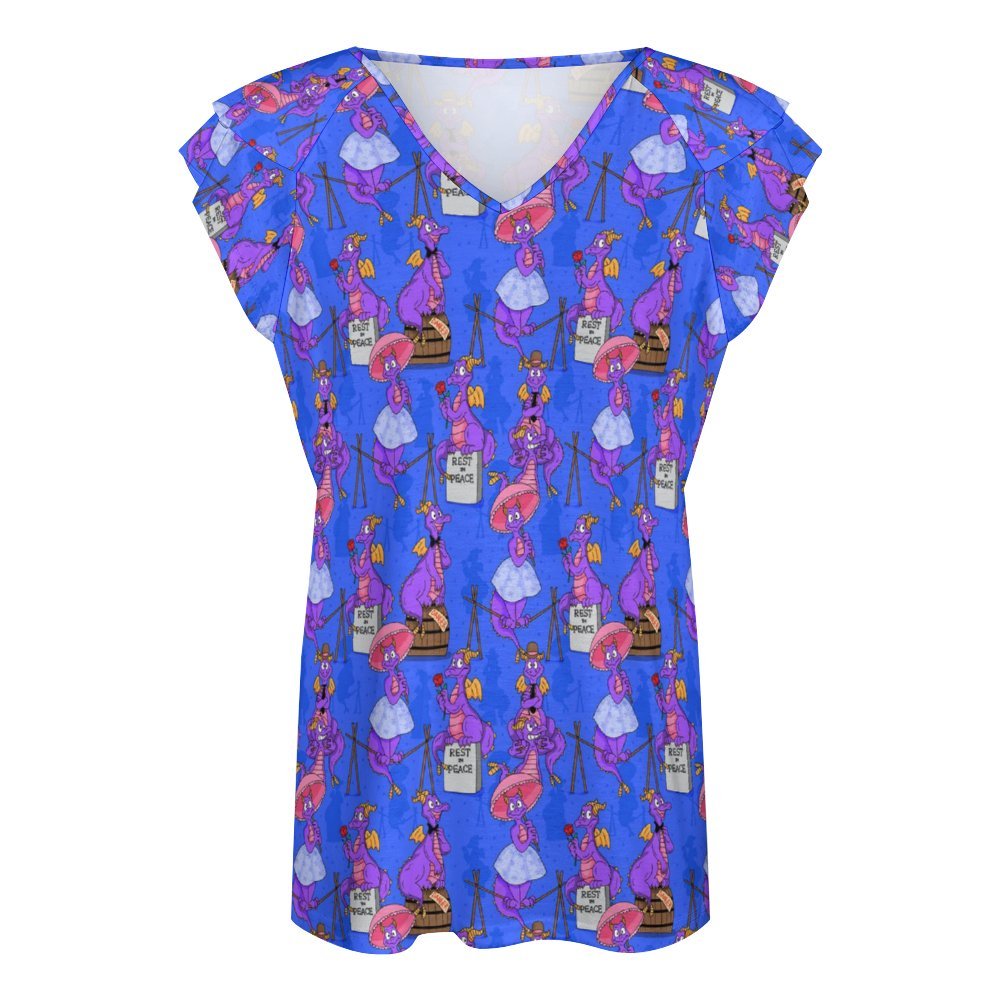 Haunted Mansion Figment Women's Ruffle Sleeve V-Neck T-Shirt