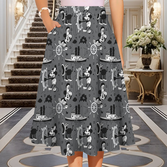 Steamboat Mickey Elastic Waist Midi Skirt With Pockets