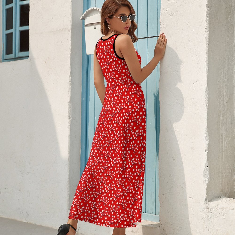 Red With White Polka Dot And Bows Women's Long Sleeveless Dress