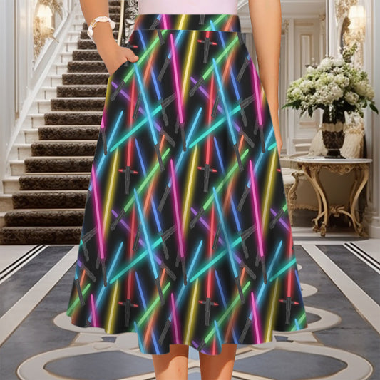Light Sabers Elastic Waist Midi Skirt With Pockets