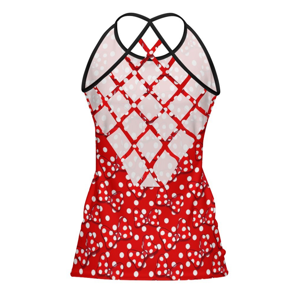 Red With White Polka Dot And Bows Women's Criss-Cross Open Back Tank Top