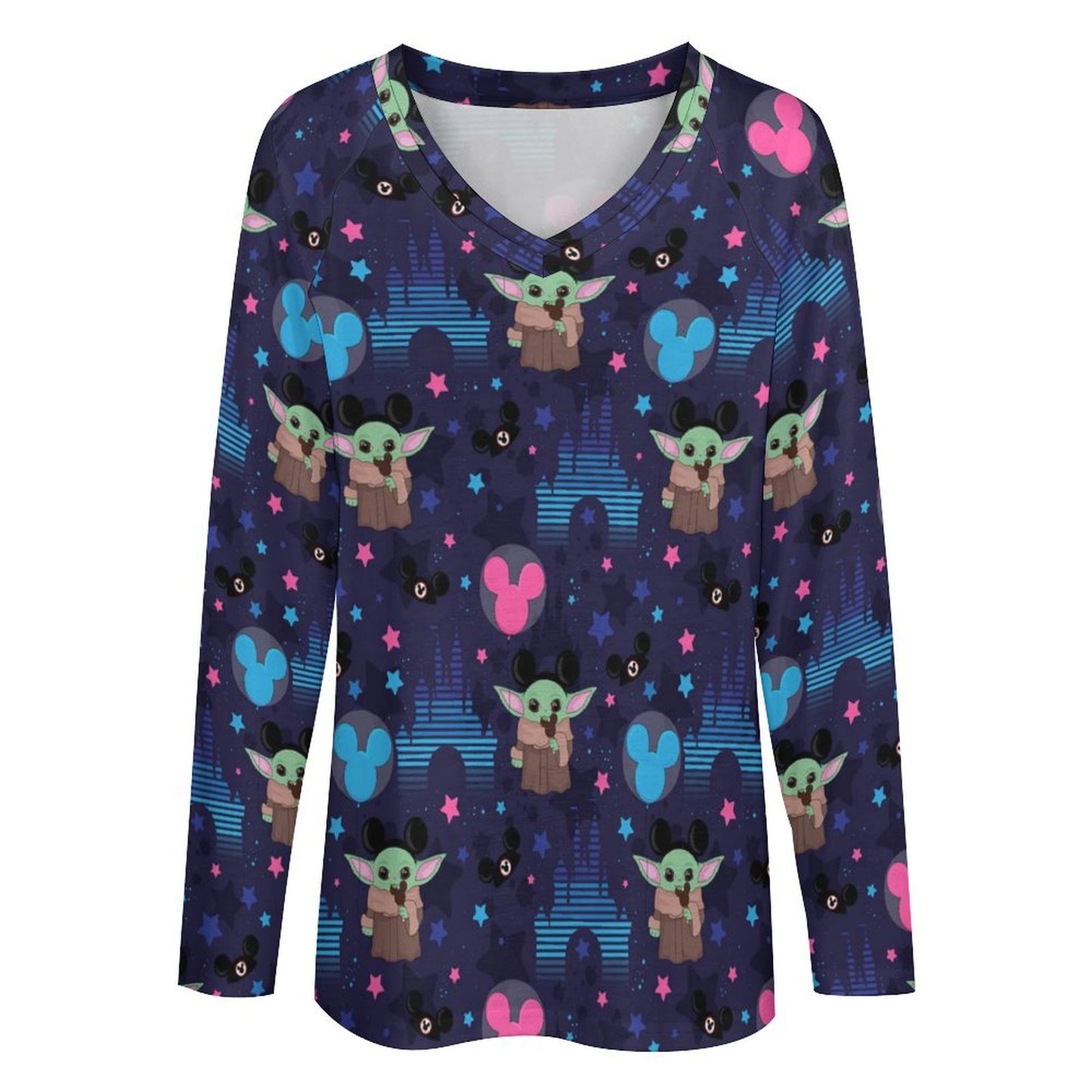 Star Wars Baby Yoda Castles Long Sleeve Loose V-Neck Tee