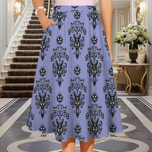 Haunted Mansion Wallpaper Elastic Waist Midi Skirt With Pockets