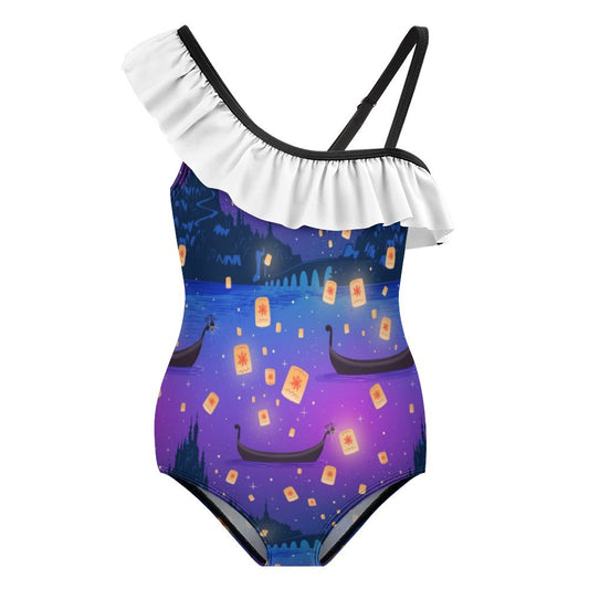 Disney Tangled Rapunzel Floating Lanterns Girls Flounce One-Piece Swimsuit