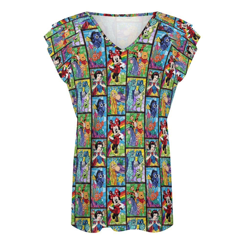 Stained Glass Characters Women's Ruffle Sleeve V-Neck T-Shirt