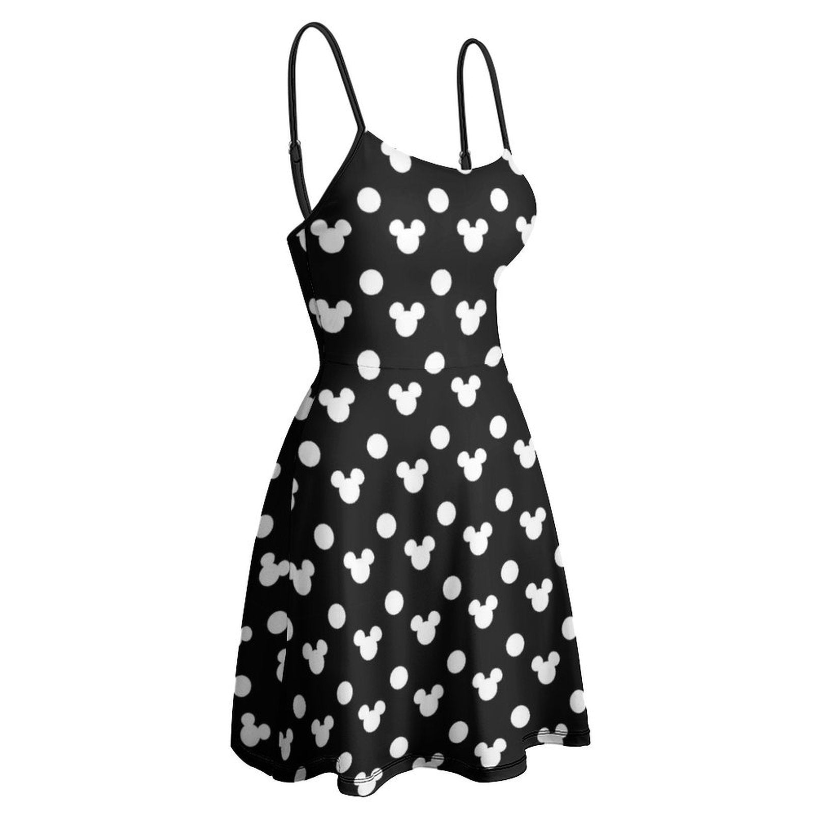 Black With White Mickey Polka Dots Women’s Sling Short Dress - Ambrie