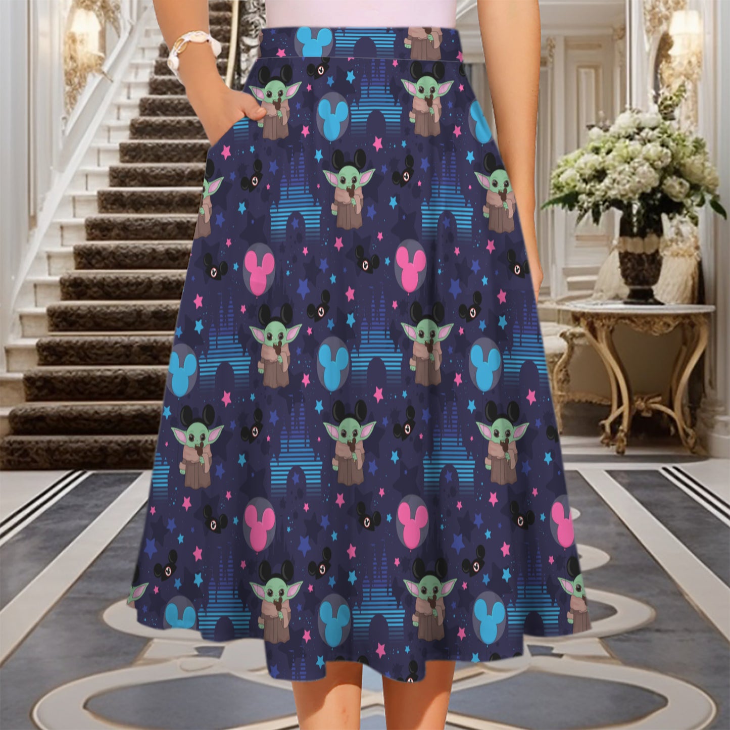 Baby Yoda Elastic Waist Midi Skirt With Pockets