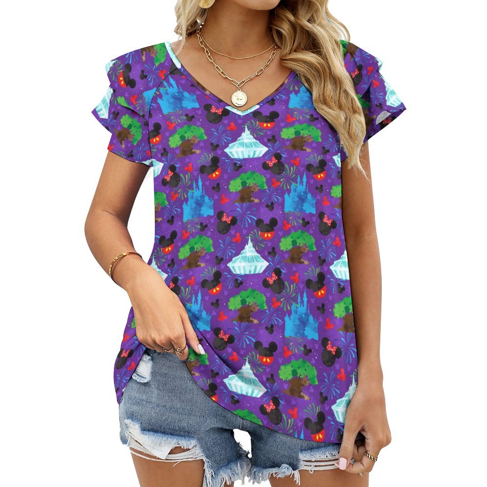 Park Hopper Fireworks Women's Ruffle Sleeve V-Neck T-Shirt