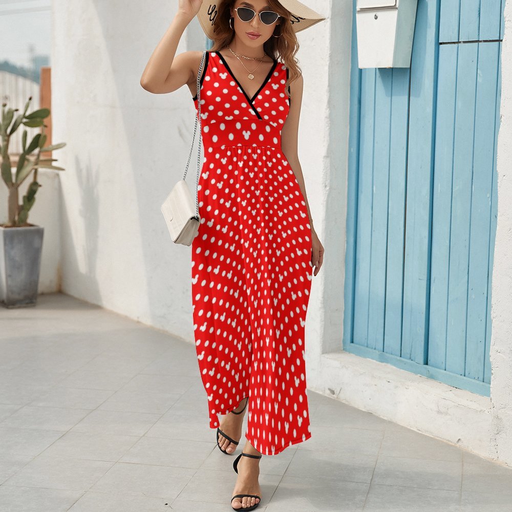 Red With White Mickey Polka Dots Women's Long Sleeveless Dress